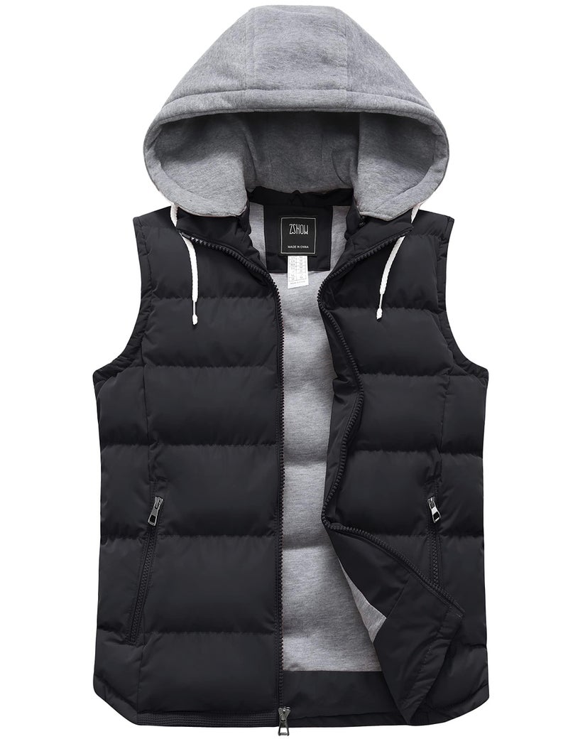 ZSHOW Men's Puffy Vest Removable Hooded Black Winter Vest Jacket(Black,Large) - Image 1